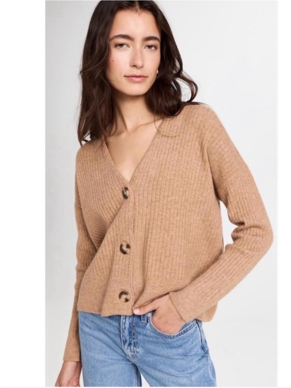 Madewell V-Neck Ribbed Button Front Sweater - Camel